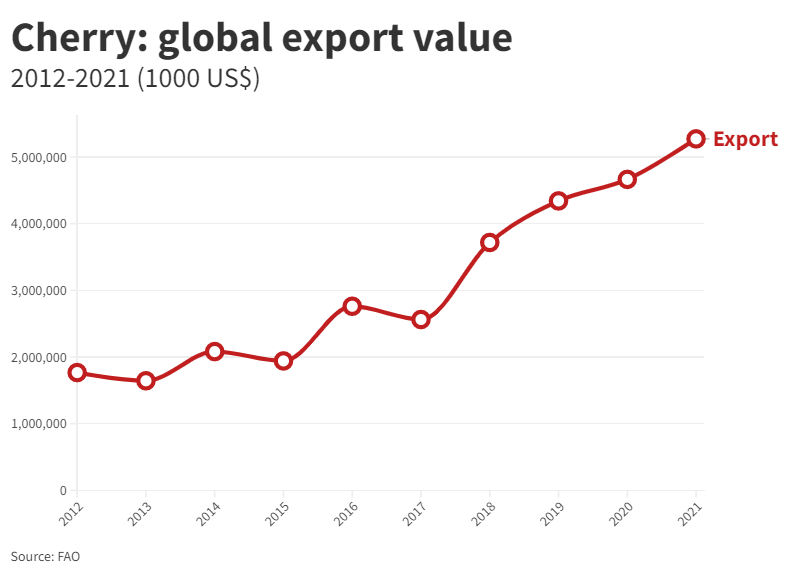 Ciliegie, export globale esplode in dieci anni da 2 a USD 5 miliardi