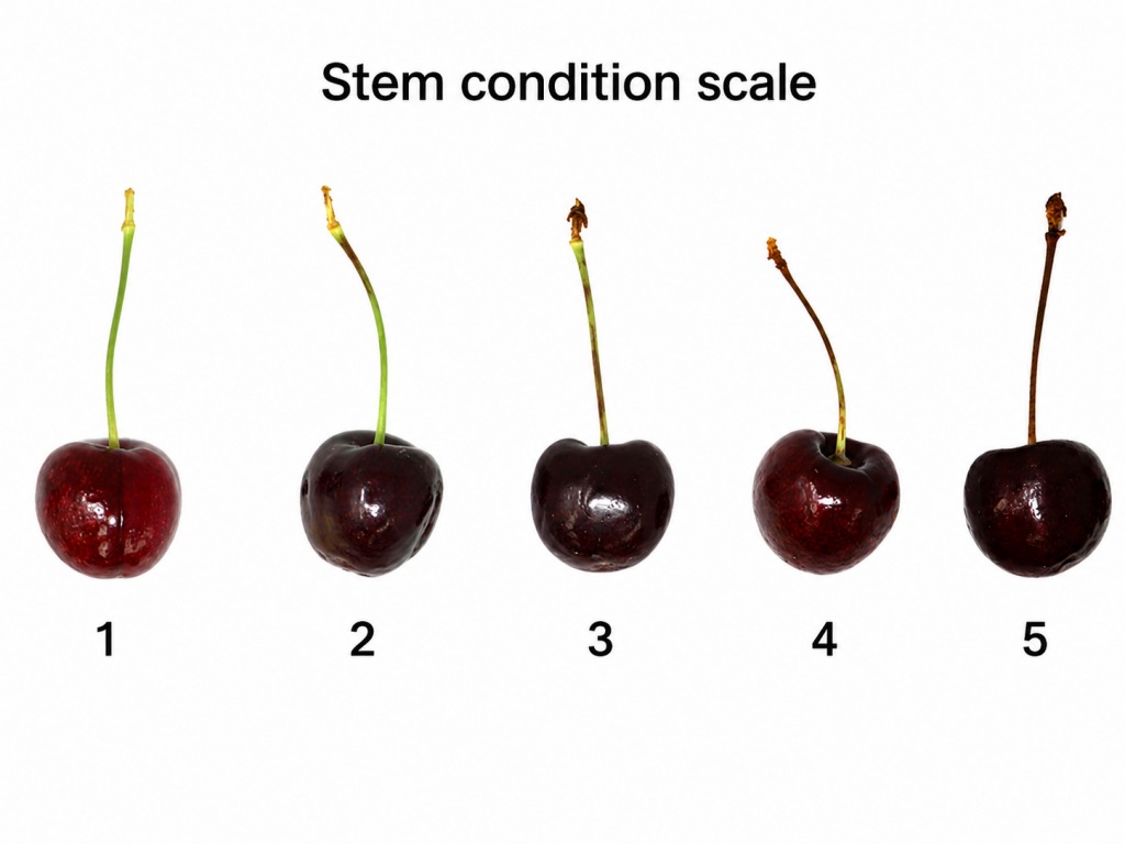 Photo of cherries at each of the five levels on the stem condition scale.